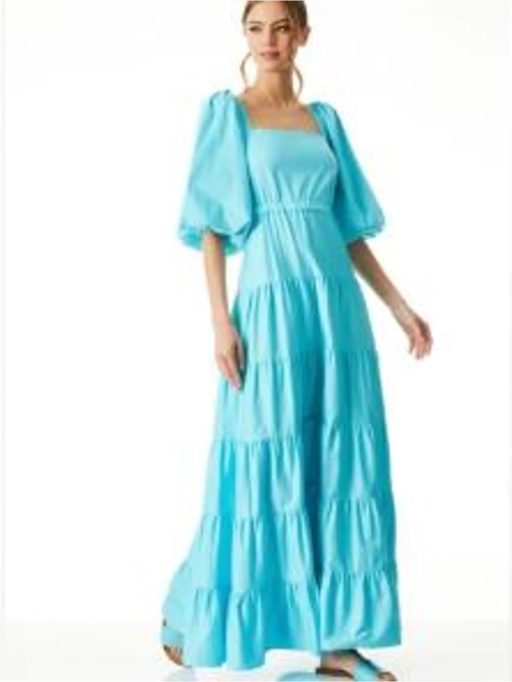 Alice + Olivia Tiered Maxi Dress with Puff Sleeves in Aqua Blue
